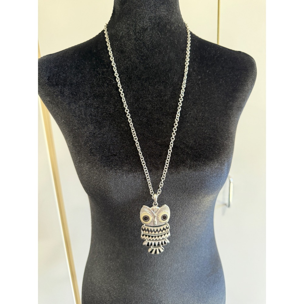 Silver Tone Articulated Owl Pendant Long Chain Necklace Black Cream Enamel - Picture 2 of 4